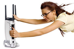 flying woman holding onto router
