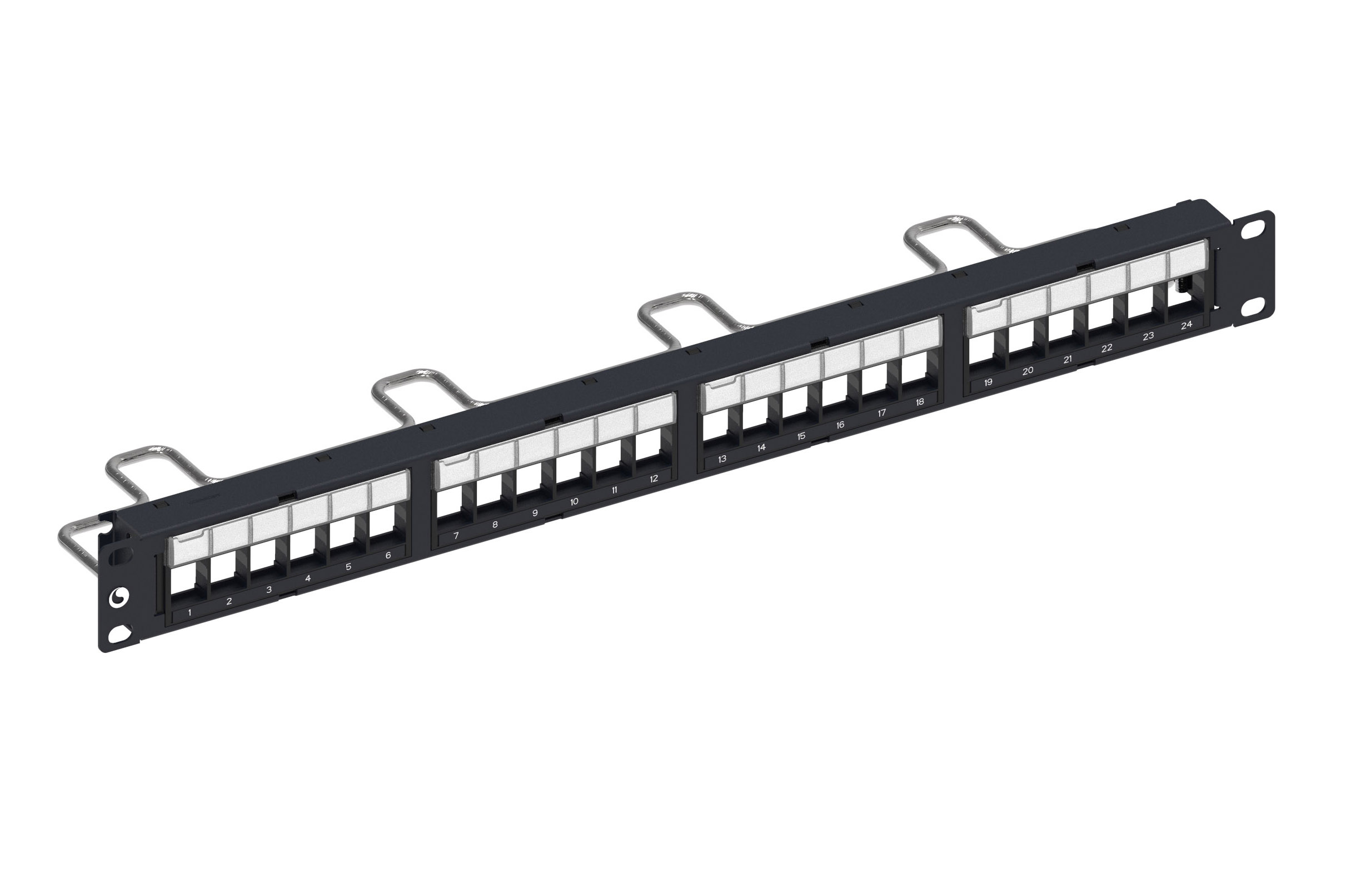 24 port UTP Patch Panel, 19' - 1RU (WITH rear Cable Management) - DDM Flush Mount. UNLOADED.