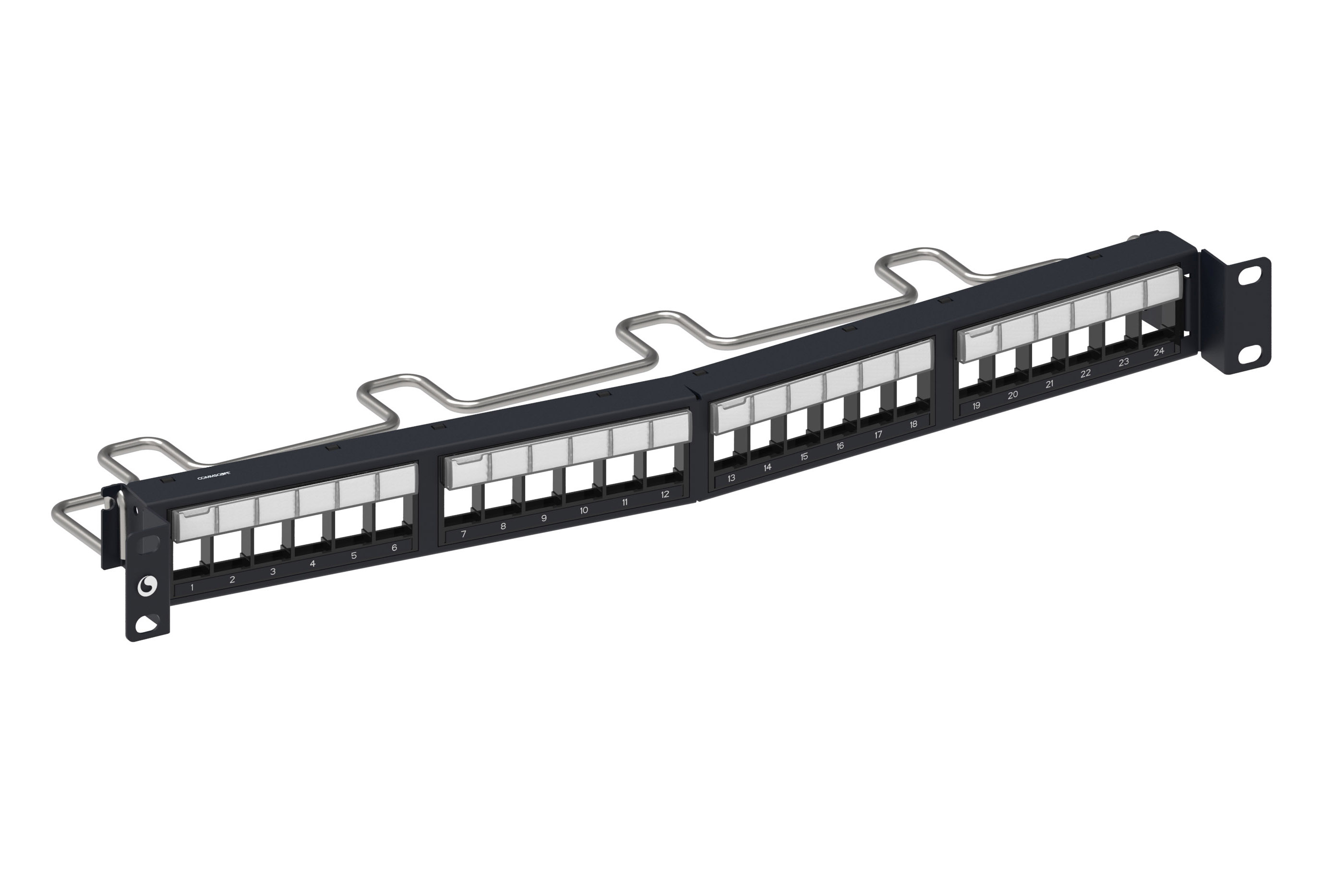 24 port STP Patch Panel, 19' - 1RU (INCLUDES rear Cable Management) - DDM Recessed Angled. UNLOADED.