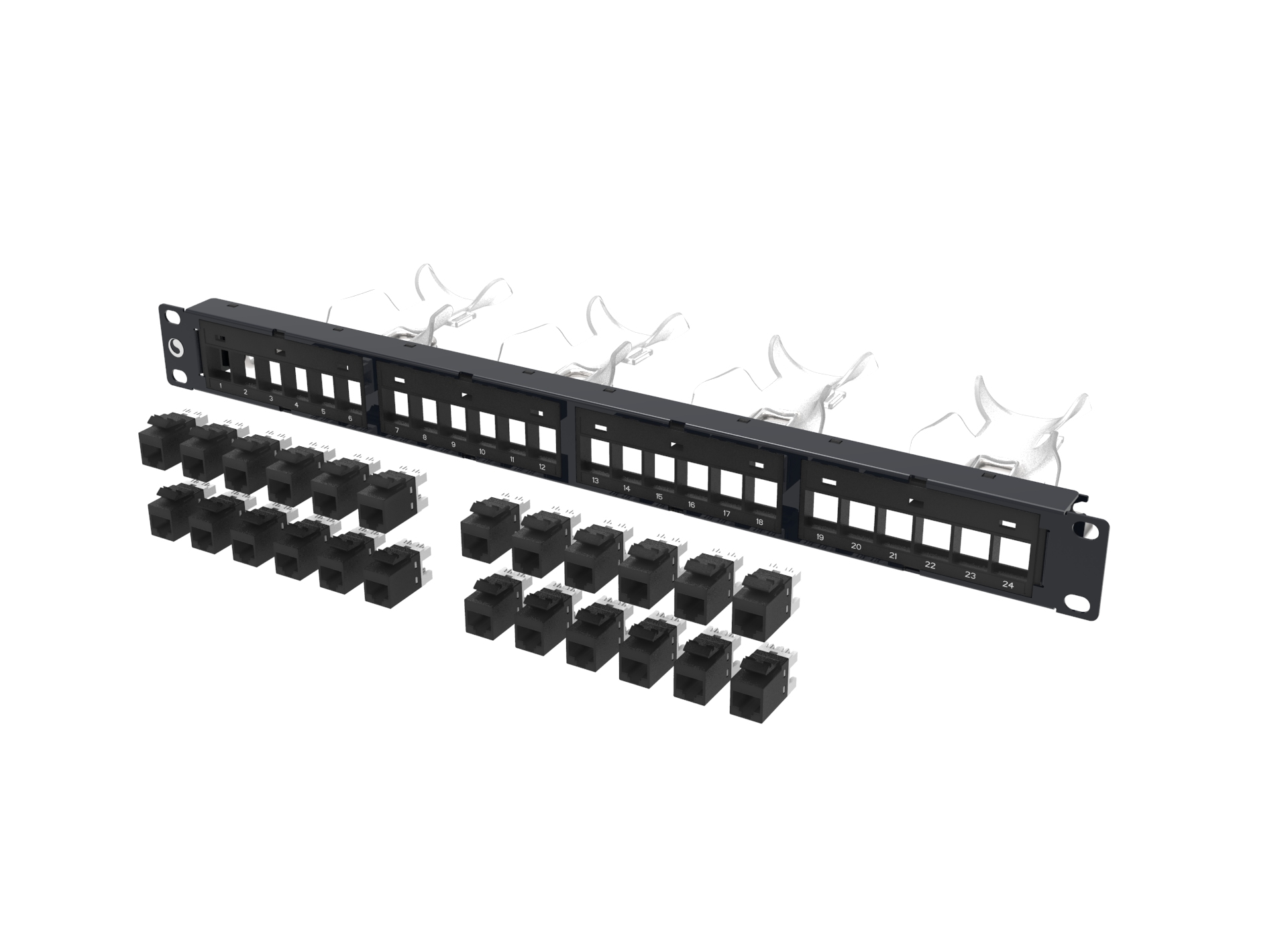 Cat 6 U/UTP 24 port Patch Panel WITH jacks (bagged). Flush DDM style. Includes label holder, cable saddle and rear cable manager