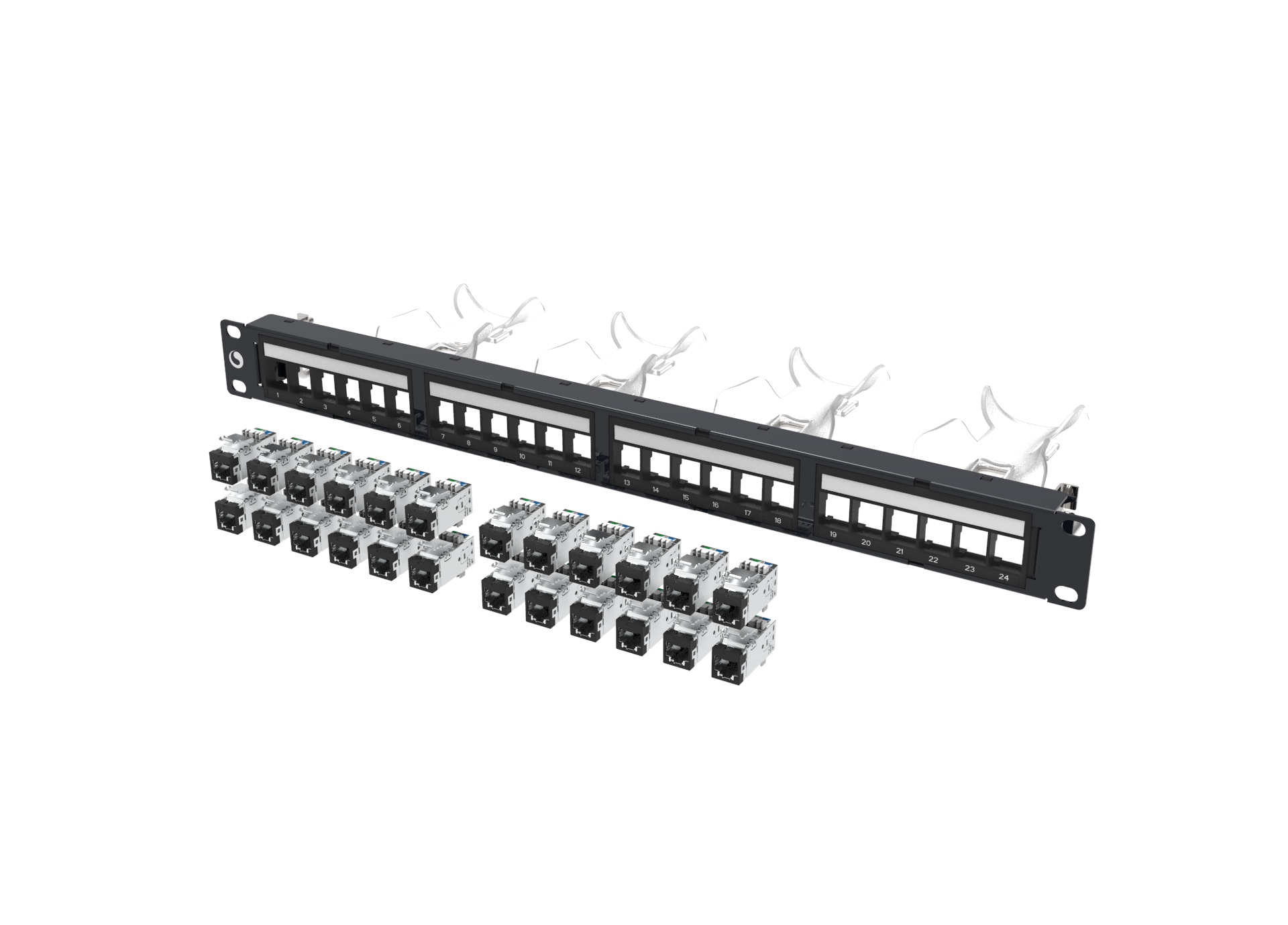 Cat 6A Shielded 24 port Patch Panel WITH jacks (bagged). Flush style. Includes label holder, cable saddle and rear cable manager