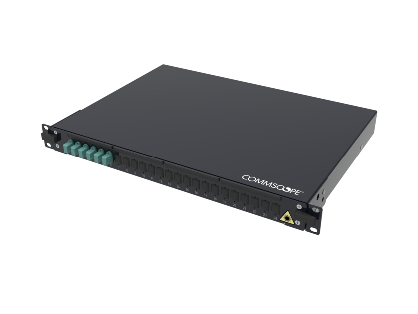 FMS Panel, 1U, 19 in, black, Includes 6 x LC OM4 Duplex Adaptors (12F), 12 x OM4 LC Pigtails. 12 x Splice protectors. Splice tray and cable glands